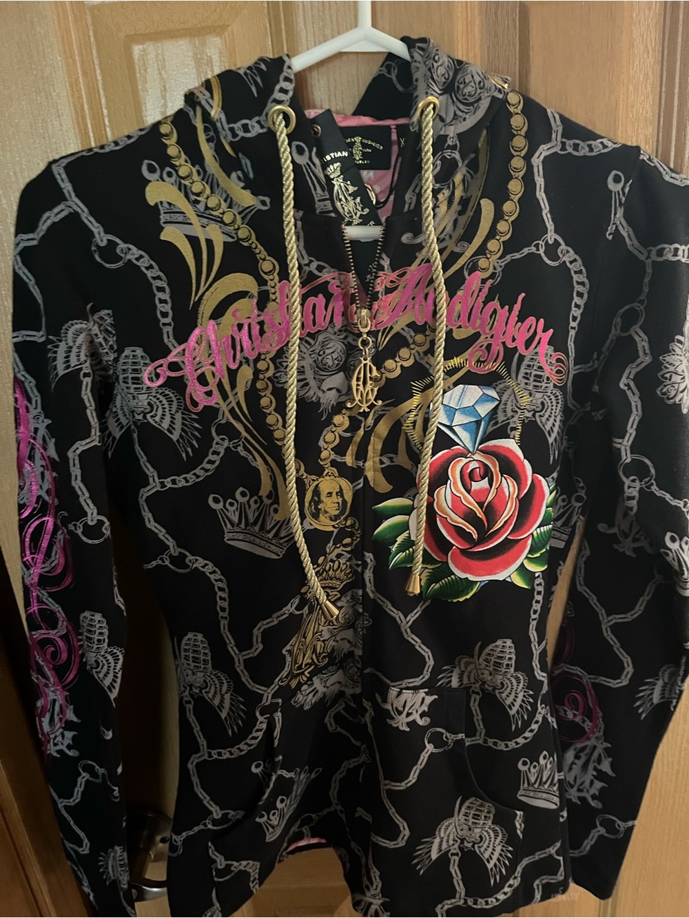 Christian Audigier Black Zip Hoodie with Rose, Diamond & Gold Chain Print